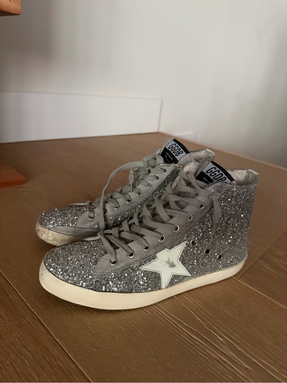 Golden Goose Silver Glitter High-Top Francy Sneakers Size 39 - Picture 3 of 4